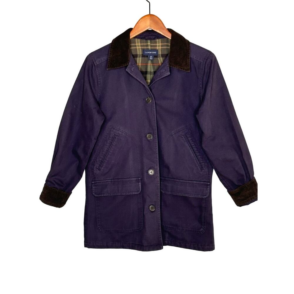 Women's Classic Lands End Plaid Lined Navy Blue Barn Jacket Size Petite 2-4.